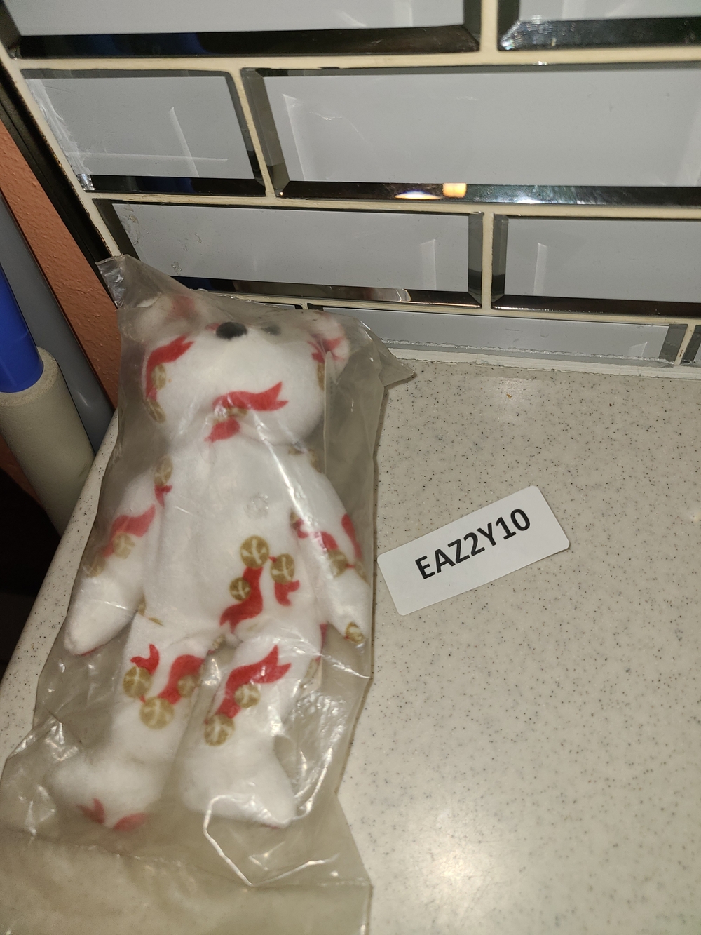 Vintage White Plush Cat with Red Fish Print